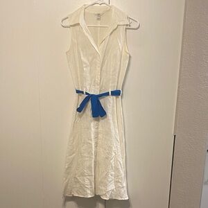 Sleeveless White Dress with Blue Belt